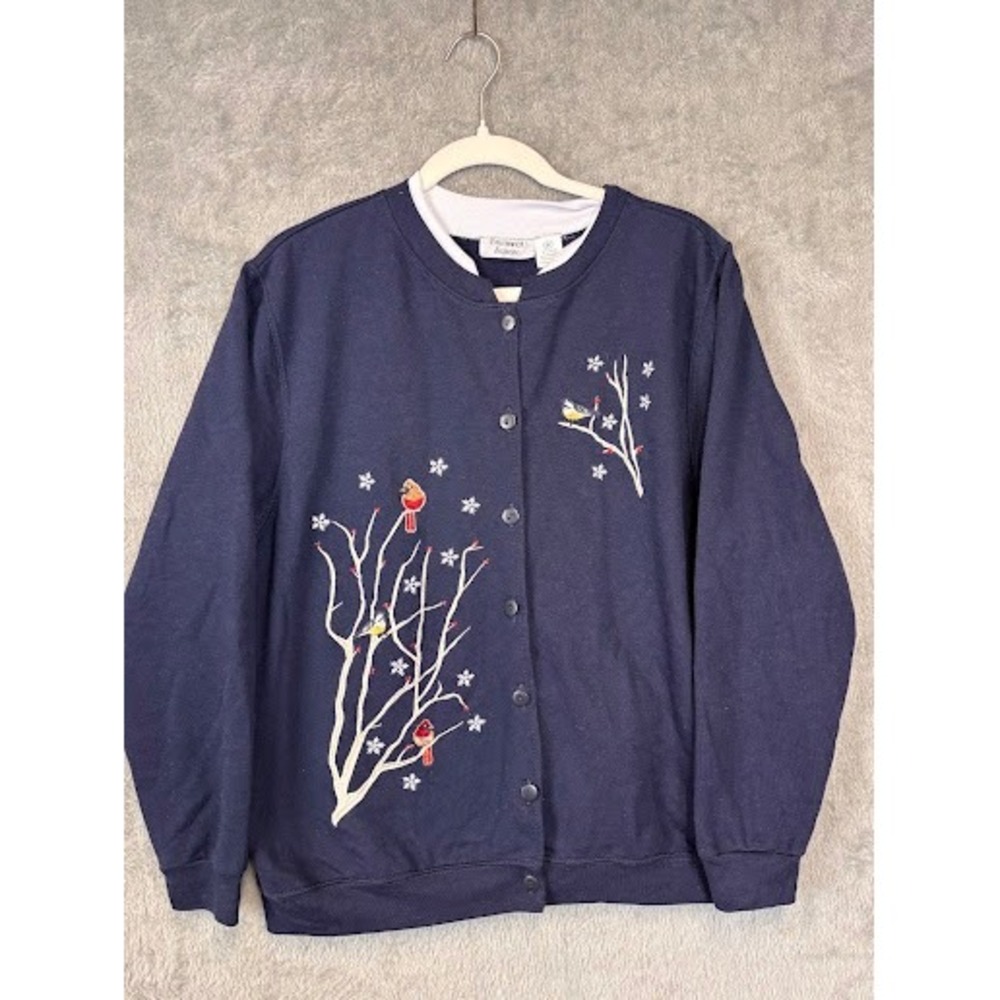 Brunswick Square Womens XL Navy Blue Embroidered Bird Winter Cardigan Sweatshirt